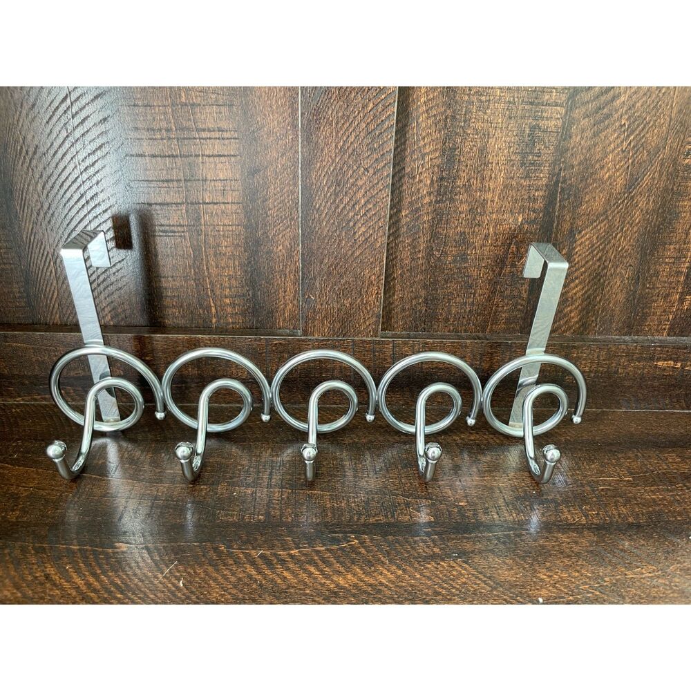 17" Over the Door Hook Rack 5 Hooks Silver Metal Swirl Coat Towel Organizer
